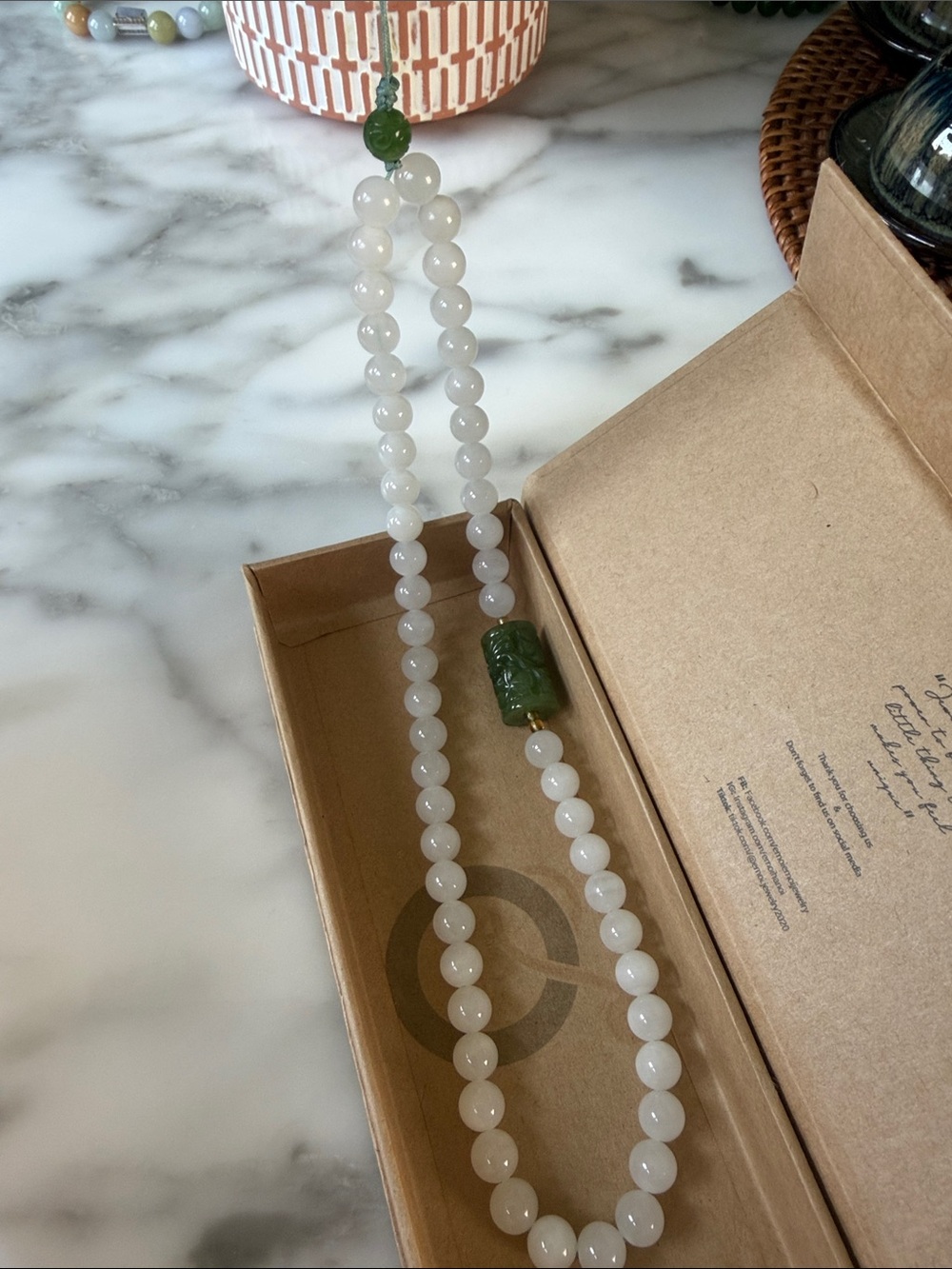 White nature real Hetian Jade Beaded with Green Jade lucky bead phone chain.